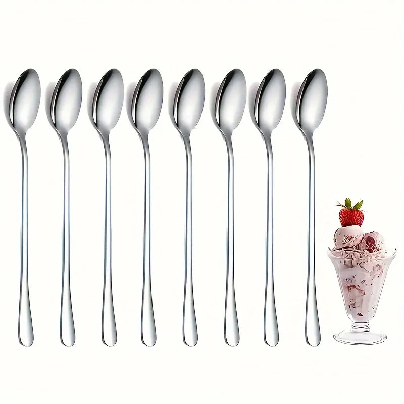 6Pcs Stainless Steel Long-Handled Ice Teaspoon, Coffee Spoon, Ice Cream Stirring Spoon, Dishwasher Safe, Kitchen Accessories, Tableware Set Zpaxo