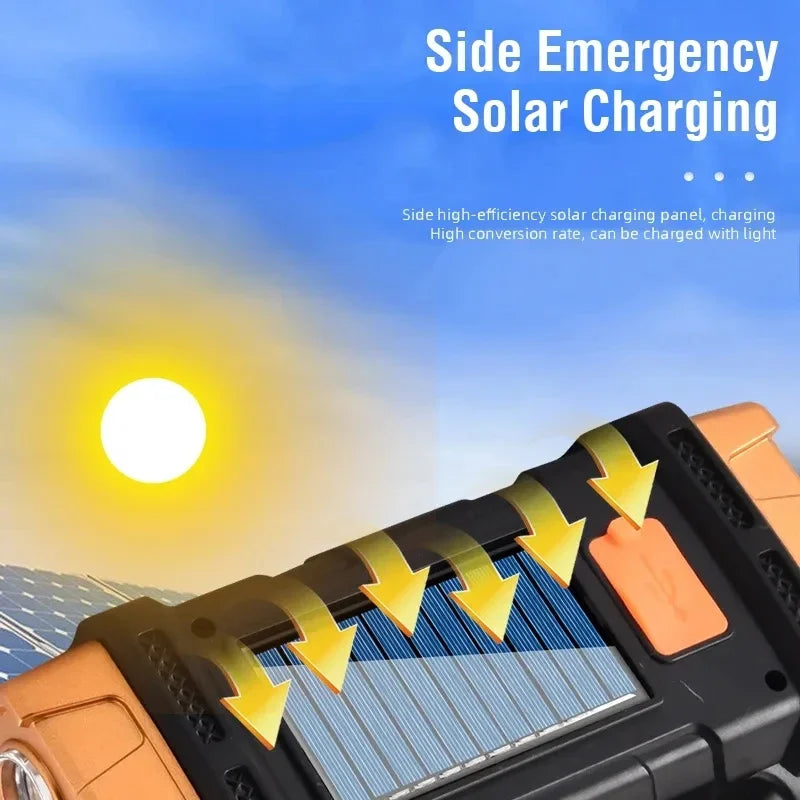 Solar USB Rechargeable LED Flashlight + COB Work Light & Power Bank