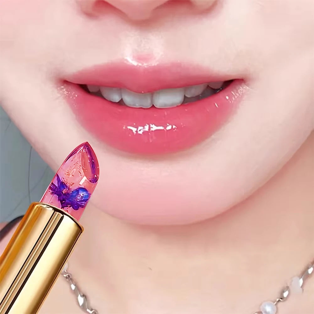 Transparent Flower Infused Lipstick, Gold Foil Jelly Lip Gloss for Long-lasting Hydration & Pink Tint Zpaxo