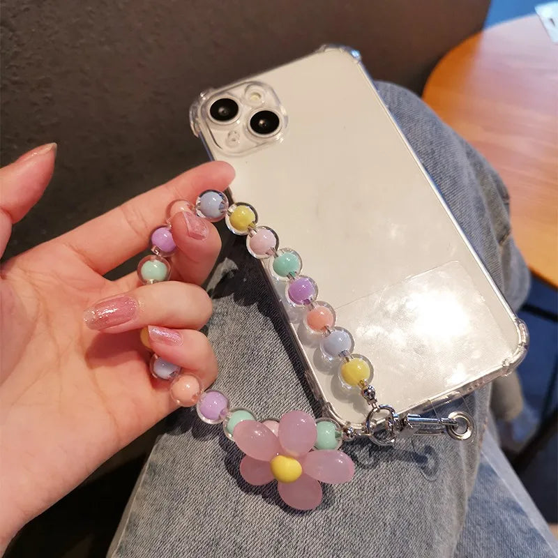 Colorful Flower Beads Anti-lost Lanyard Bracelet For Mobile Phone Case Wrist Strap Lanyard Phone Keychain Portable Wrist Pendant Zpaxo