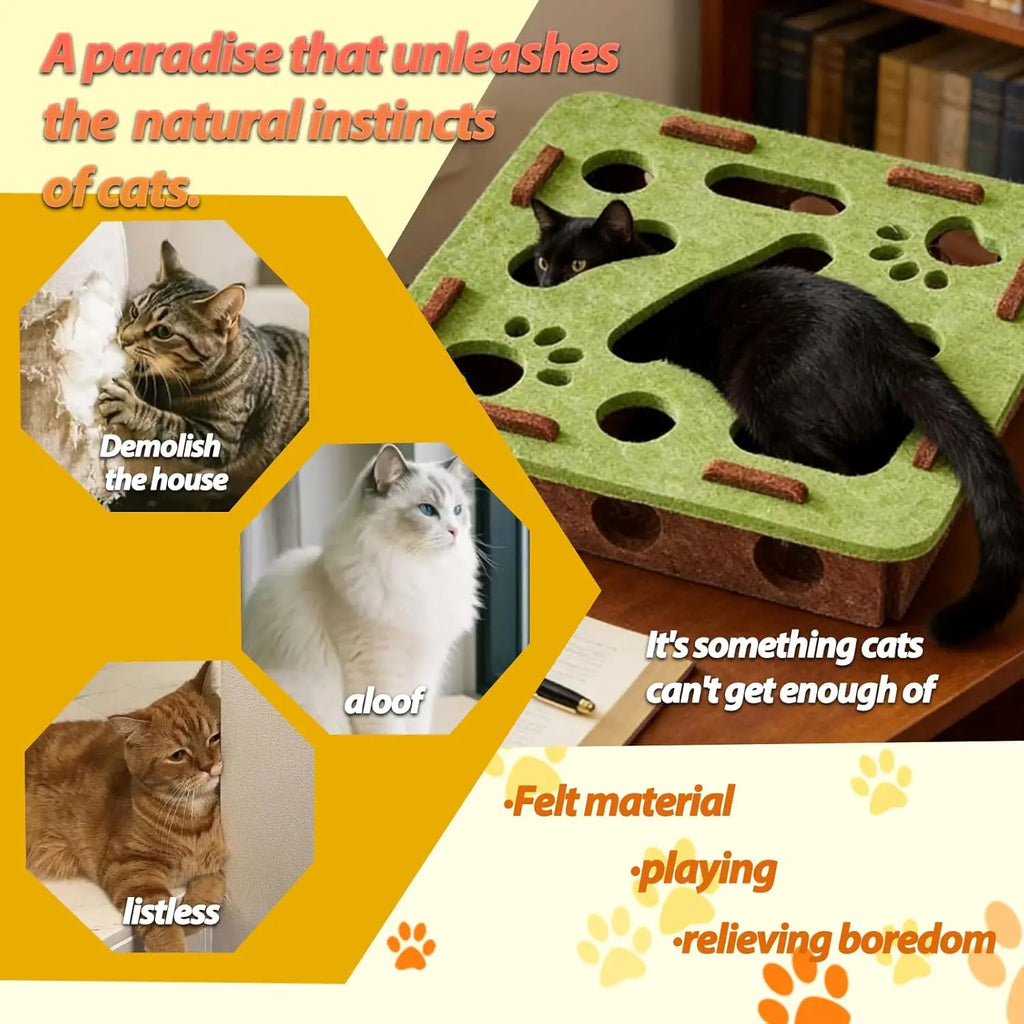 Felt Cat Puzzle Maze – Battery-Free Toy with 3 Bell Balls