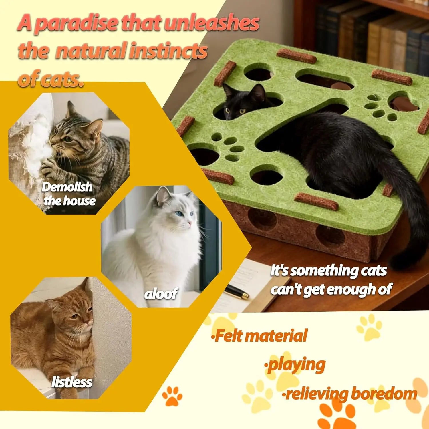 Felt Cat Puzzle Maze – Battery-Free Toy with 3 Bell Balls
