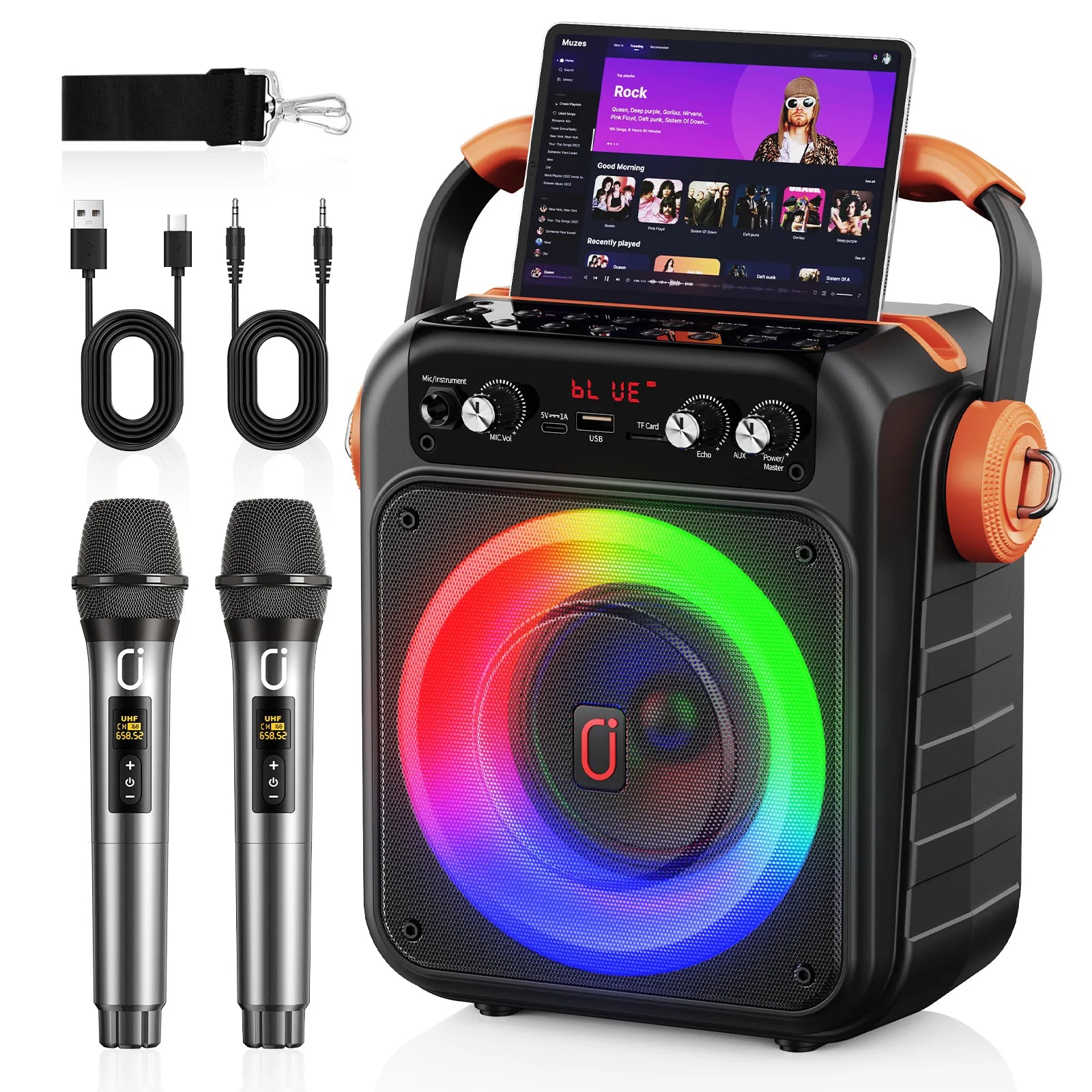 Karaoke Machine 2 Wireless Microphones Portable Bluetooth 5 3 Light