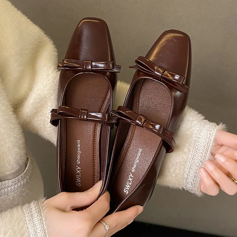 Women's Flat Shoes Thick Heeled Square Head Fashion Sweet Single Bow Zpaxo 35 Brown