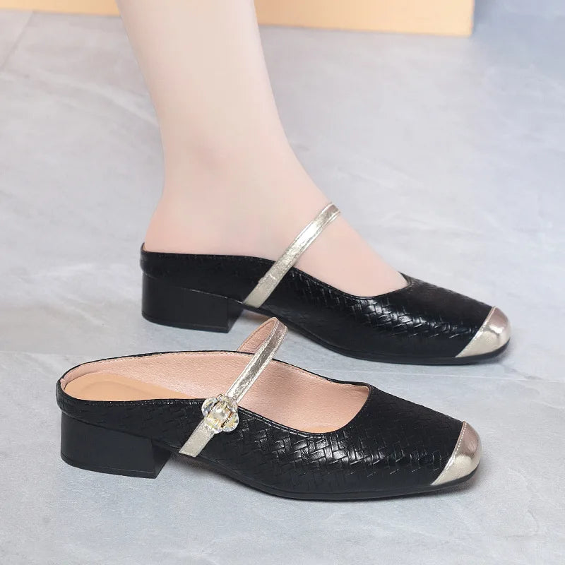White Woven Mary Jane Mules Silver Toe Cap Rhinestone Buckle Square Zpaxo