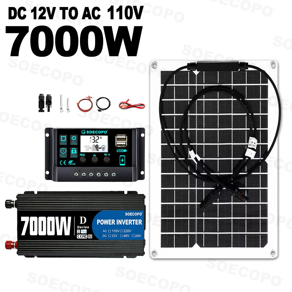 【Flexible & Easy】SOECOPO 7000W Portable Solar Kit | Bendable Panel 750W Inverter, 100A Charge Controller for RV/Boat Zpaxo 110V Solar Kit