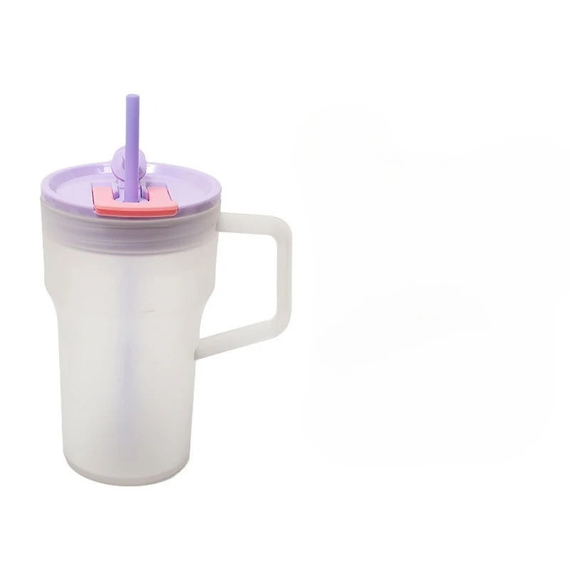 680ML Student Summer Frosted Tea Cup, Korean Style Large Capacity Handle Plastic Double Drinking Straw Cup, Ice King Water Cup Zpaxo Purple