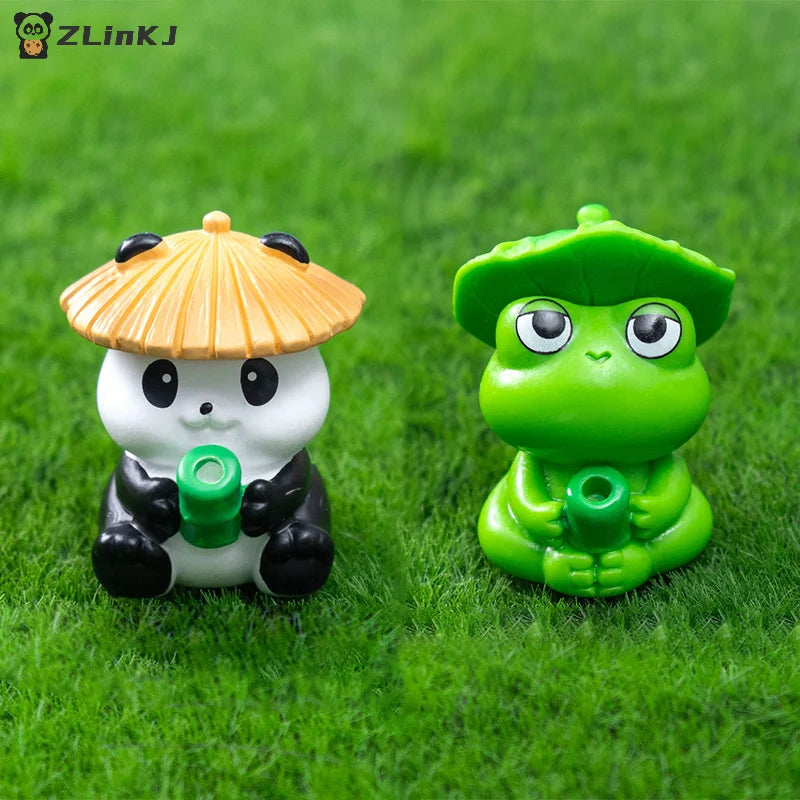▶Fishing Frog Panda Figurines Ornament Creative Cartoon Animal Figure Doll Fish Tanks Aquarium Hangable Decor Desktop Decoration Zpaxo