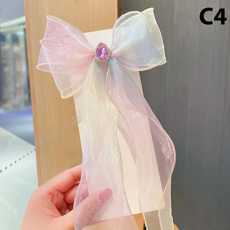 Girls Cute Elegant Mesh Bow Ribbon Hair Clip Faux Pearl Tassel Zpaxo C4