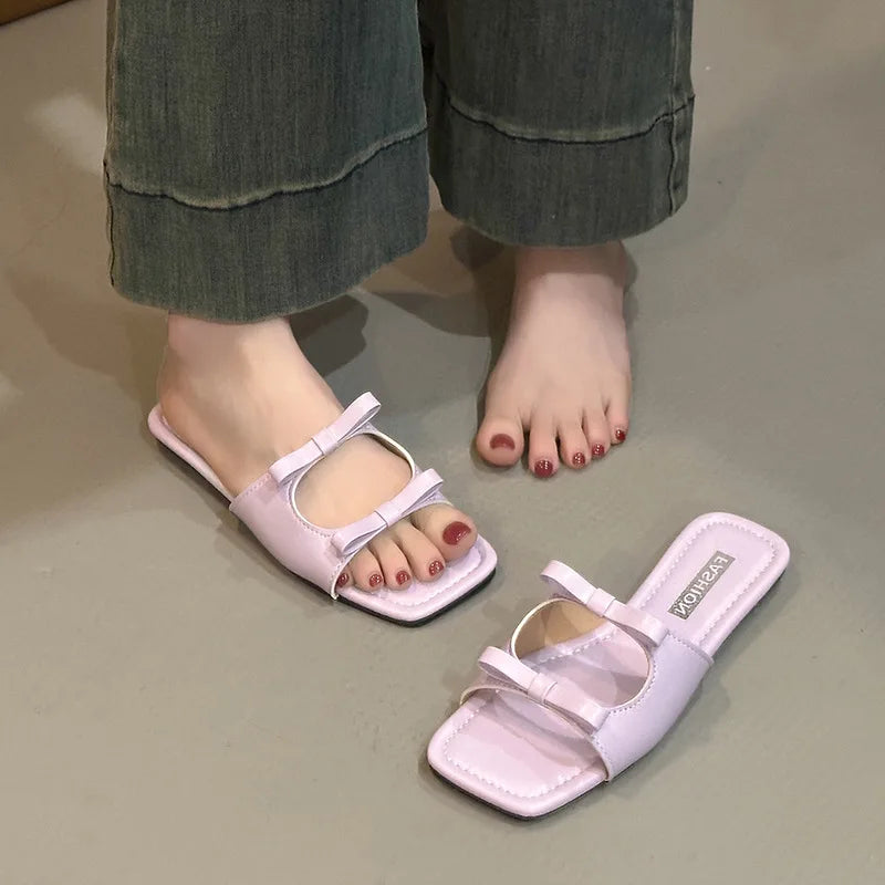 2025 Summer Designer Dress Slides Beach Shoes Women Bow Flat Slippers Women's Shoes Open Toe Flat Slippers for Women Zpaxo