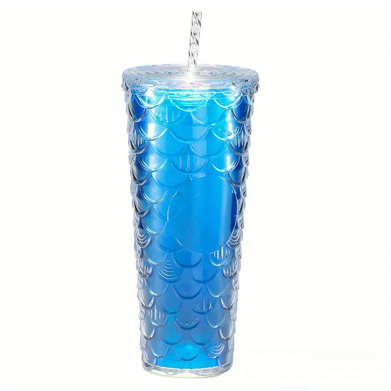 Large Capacity Colorful Laser Double-layer Straw Cup, Fish Scale Plastic Water Cup, Durian Cup Zpaxo Blue