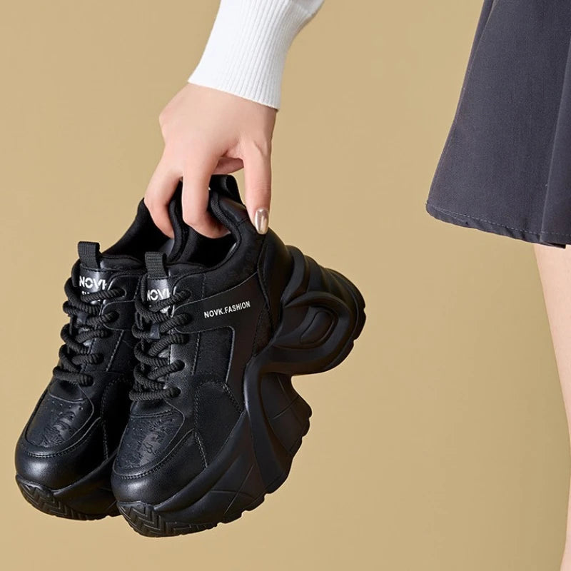 Women's Platform Chunky Sneakers Lace Up Design Sport Tag Detail Two Zpaxo