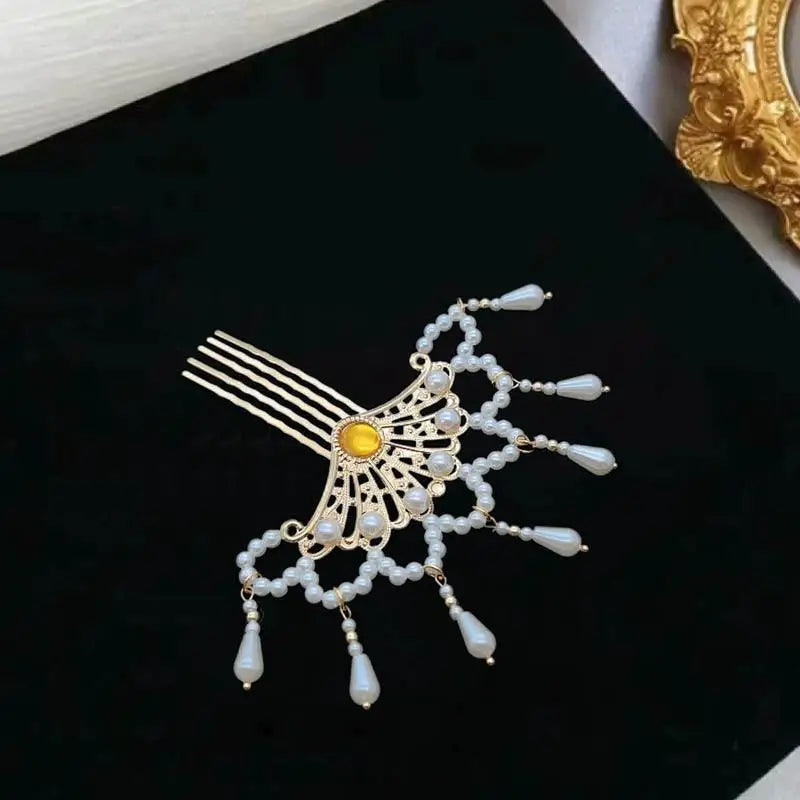 Pearl Hair Comb Women Hanfu Cheongsam Side Hairpin Ancient Tasseled Zpaxo