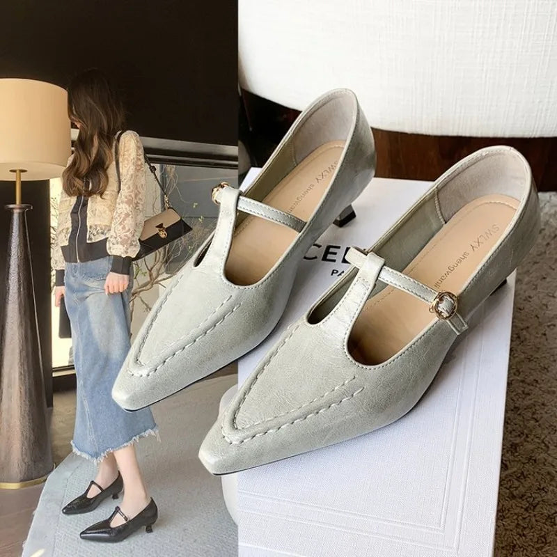 Low Heel Pumps for Women Pointed Toe Heel Mary Jane Shoes Spring Autumn New T-shaped Buckle Strap Ladies Shoe for Women Zpaxo