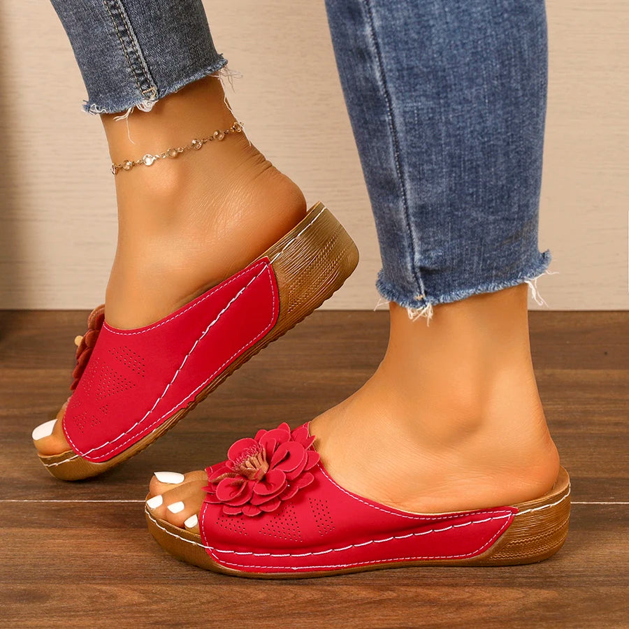 Women Sandals Summer Round Toe Thick Sole Slippers Comfortable Open-toe Shoes Women Fashionable Large-size Wedge Slides Women Zpaxo Red 36