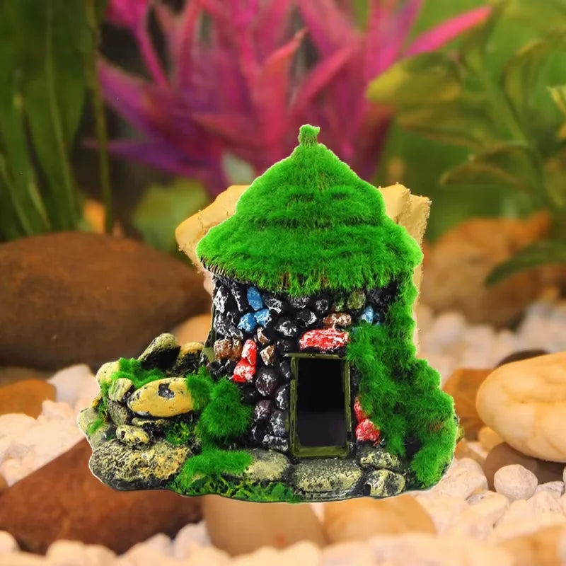 Aquarium Decoration House Resin Betta Cave Realistic Green Moss Fish