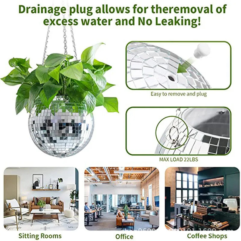 Disco Mirror Ball Hanging Flower Pot Basket Indoor Ornament