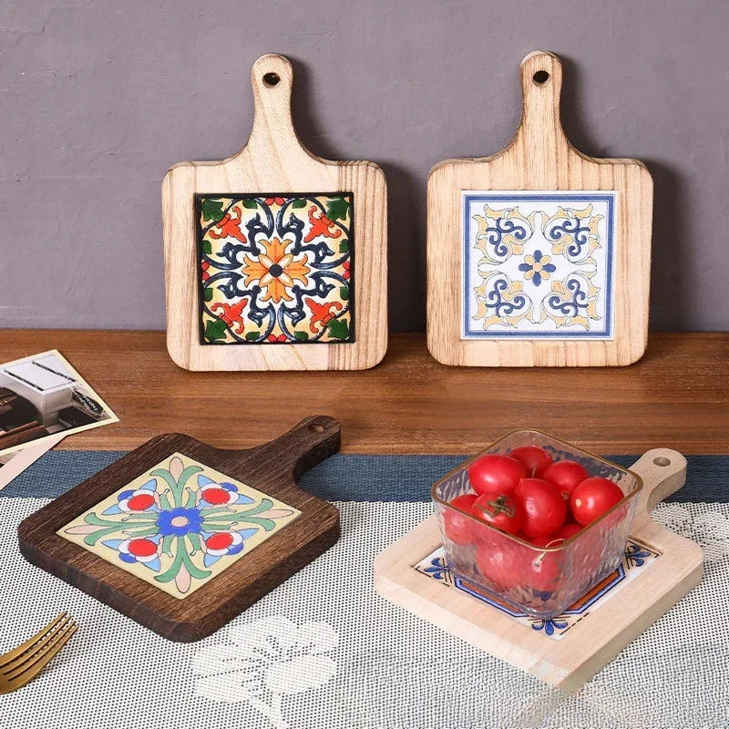 Hot Japanese Restaurant Retro Solid Wood Tile Handle Pot Pad Wooden Anti Scald Plate Pad Household Casserole Insulation Wood Pad Zpaxo