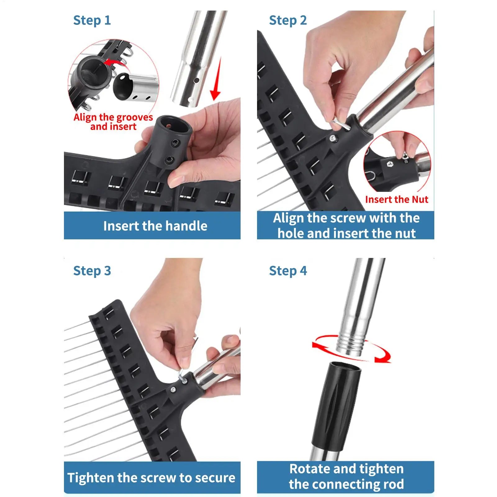 Lawn Rake 38.58-63 in Expandable Adjustable Ergonomic Multi-Purpose Metal Rake for Grass Leaves Gardening Lawn Shrub Mulch Zpaxo
