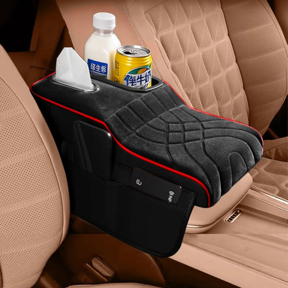 Velvet Surface Center Console Armrest Cushion Cup Holder Side Storage Zpaxo Black Red