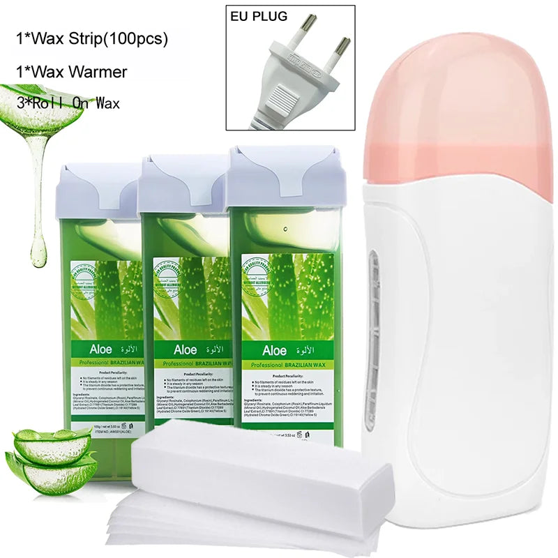 3-in-1 Roll-On Waxing Kit – Soft Wax Heater & Strips Unisex Roll-On Waxing Kit Zpaxo 072-W-EU-AloeX3