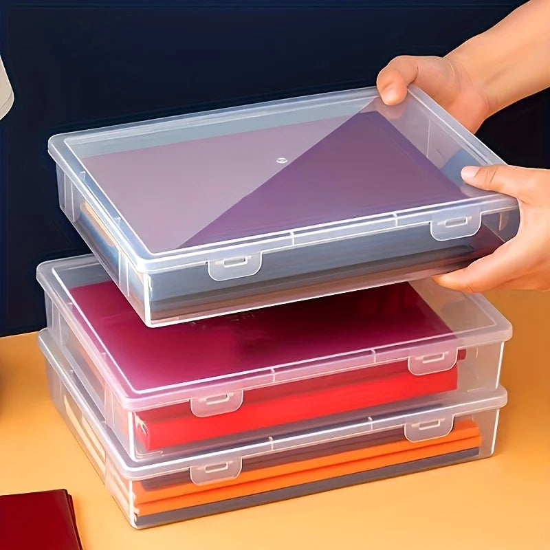 A4 Clear Plastic Storage Box Hinged Lid Desktop Organizer Office