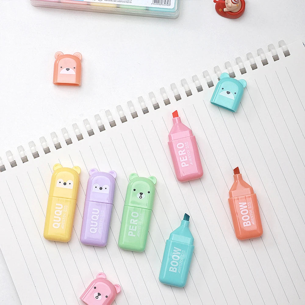 4/5/6Pcs Bear Mini Highlighter Pens Macaron Colors Chisel Tip Scrapbooking Marking Students School Office Supplies Zpaxo