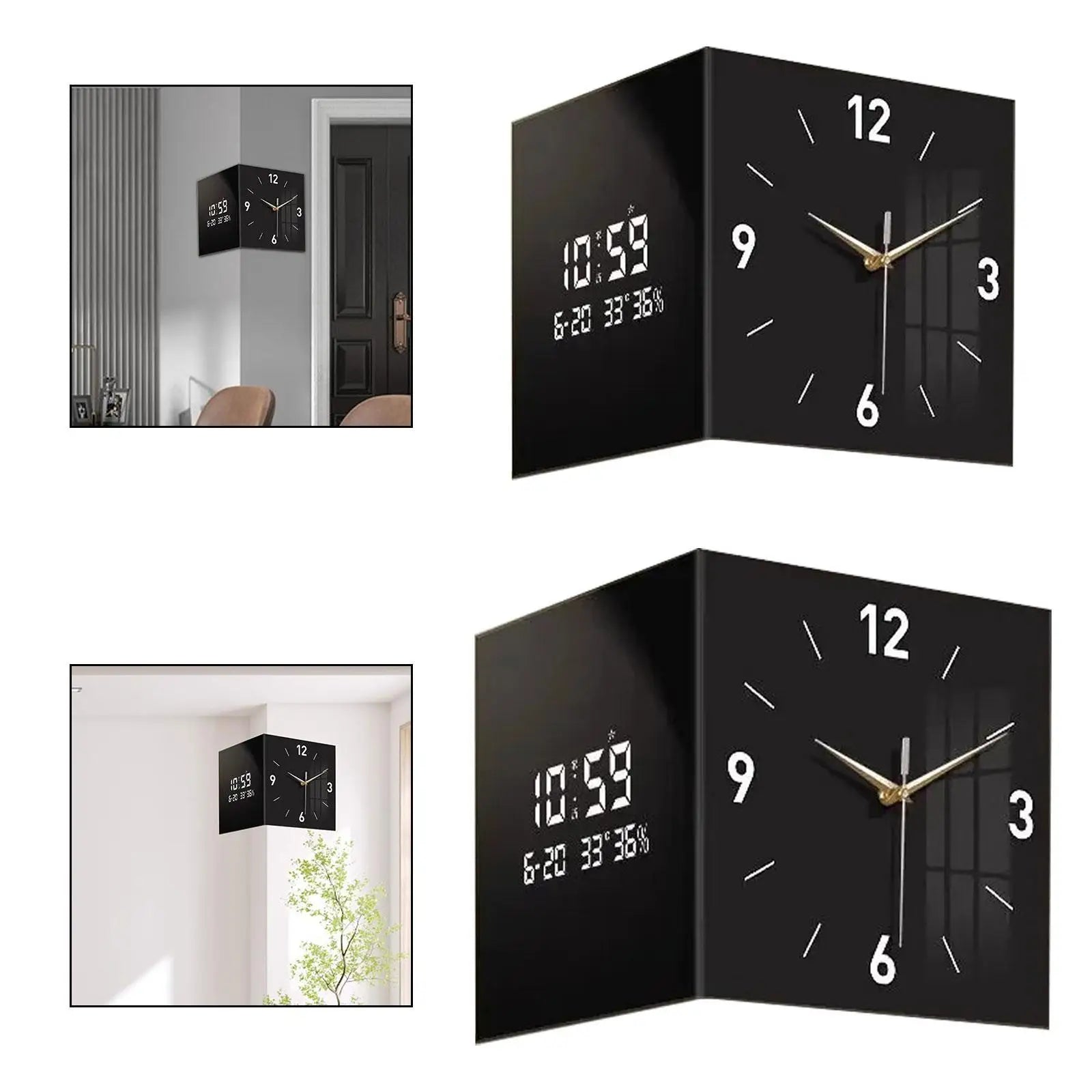 Double Sided Corner Wall Clock with Temperature & Date Display Double Sided Wall Clock Zpaxo