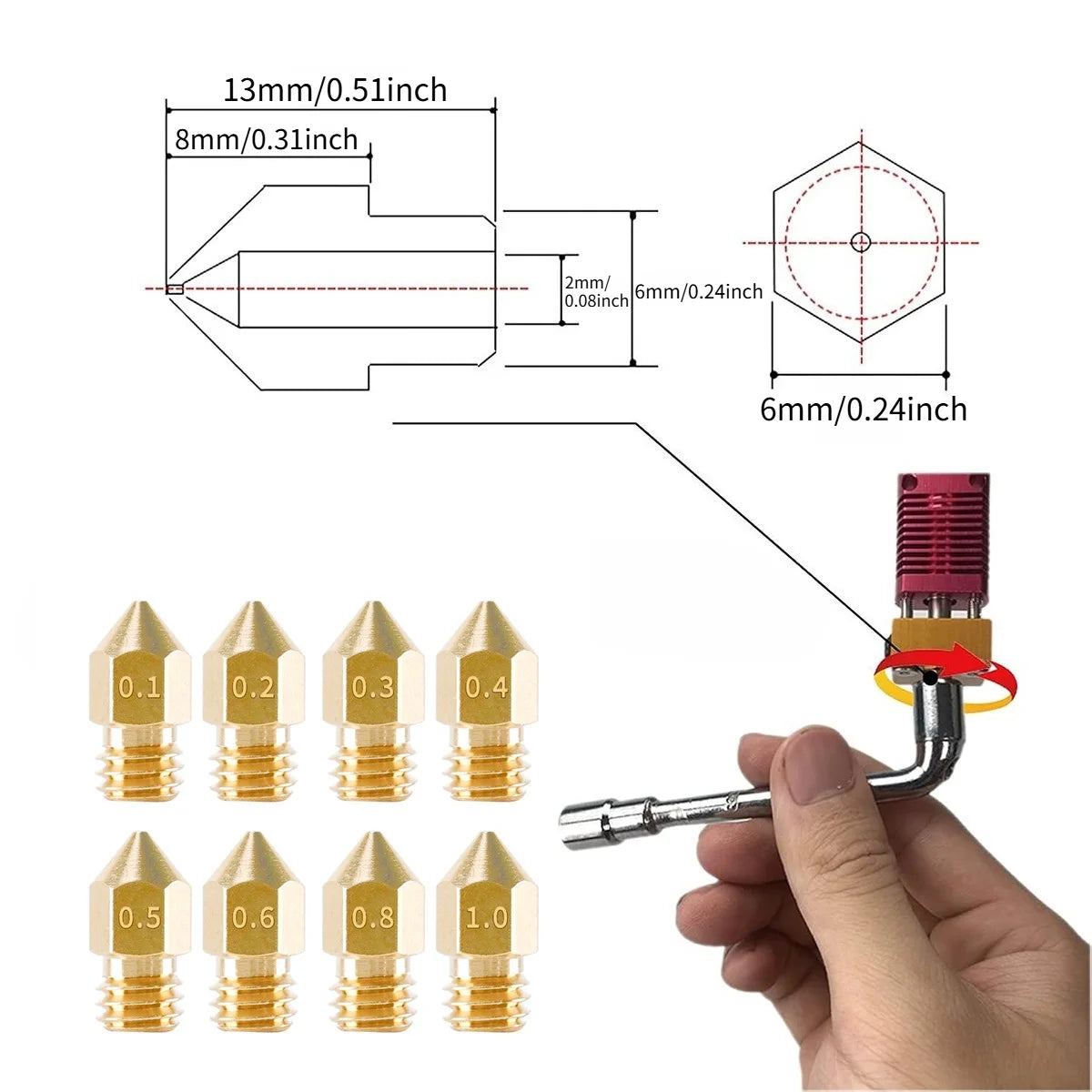 8-Pack Brass 3D Printer Nozzles 0.1–1.0mm M6 FDM Set