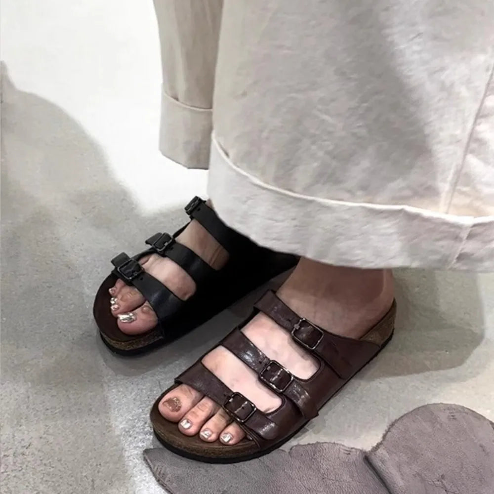 Slip-on Belt Buckle Big Head Thick Heel Slippers Women's Black Retro Genuine Leather Square Toe Slippers Zpaxo 40 Brown