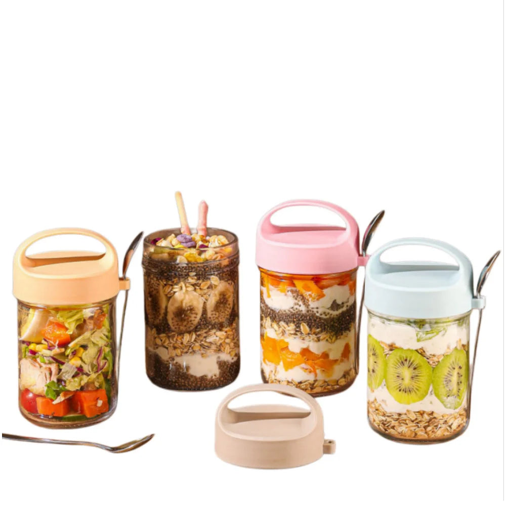 16-Ounce Portable Glass Breakfast Mason Jar, Plastic Overnight Oat Jar with Lid and Spoon, Reusable Zpaxo