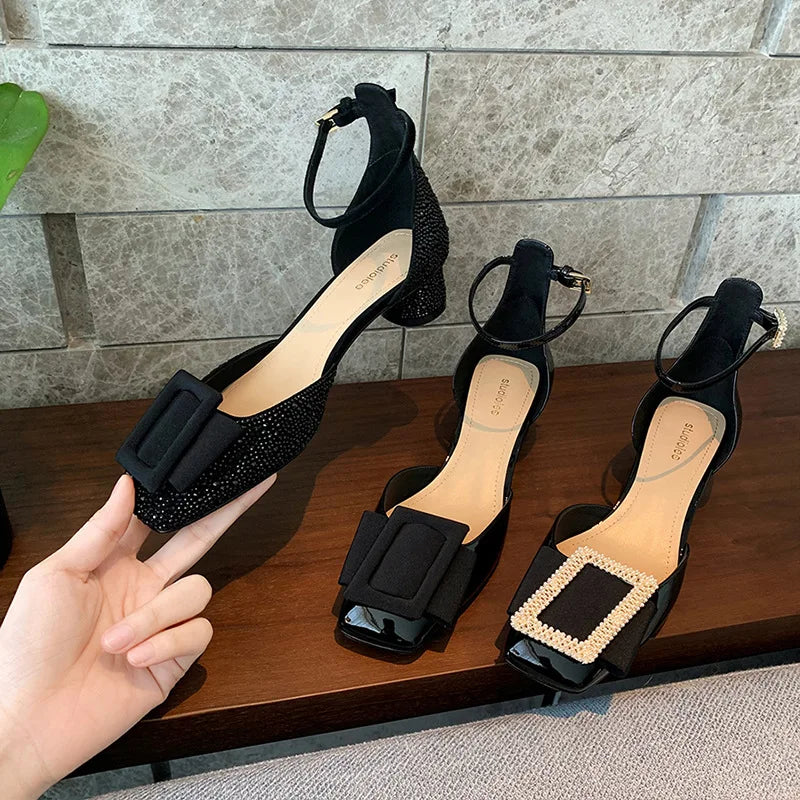 Women's Sandals Square Head Straight Belt Medium Heeled Shoes Single Shoe Diagonal Buckle Sandals Female Summer Shoes for Women Zpaxo