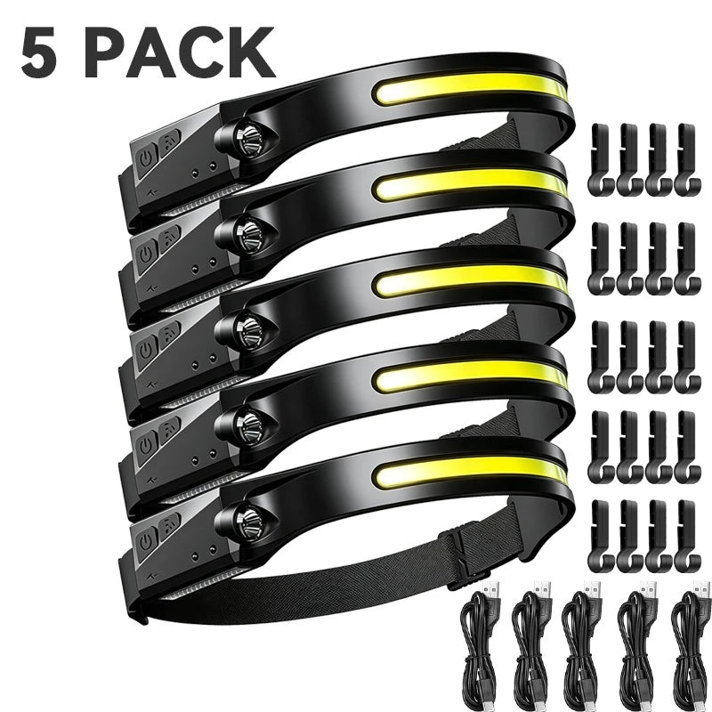 1 Headlamp USB Rechargeable LED Sensor Flashlight XPE+COB Torch Zpaxo 5 Pack