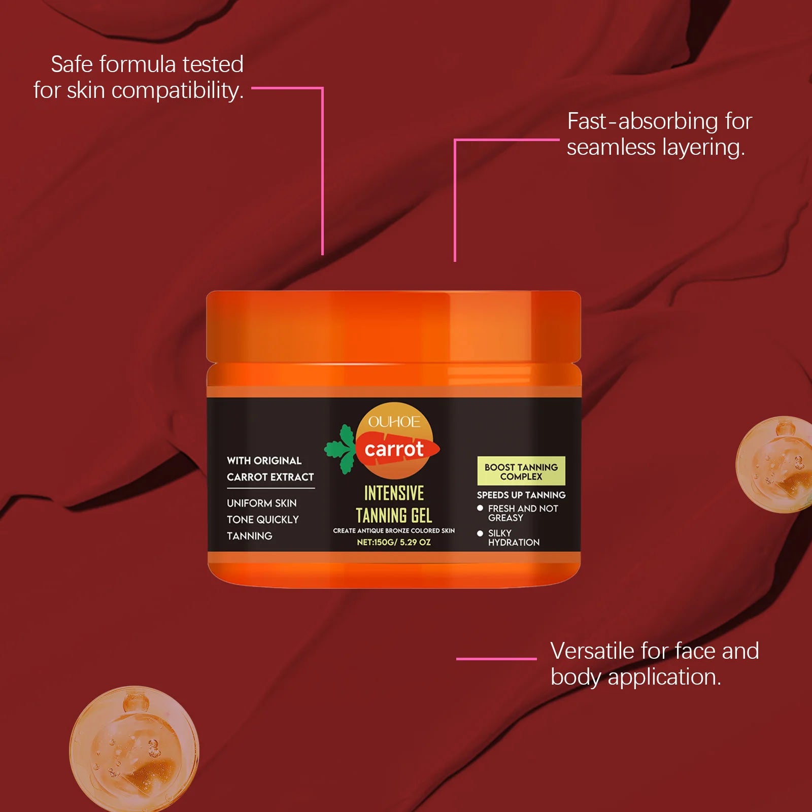 Carrot Oil Tanning Accelerator Gel 150g Fast Deep Bronzing Lotion with Tropical Scent Hydrating for Beach Pool Dark Tan Achiever Zpaxo