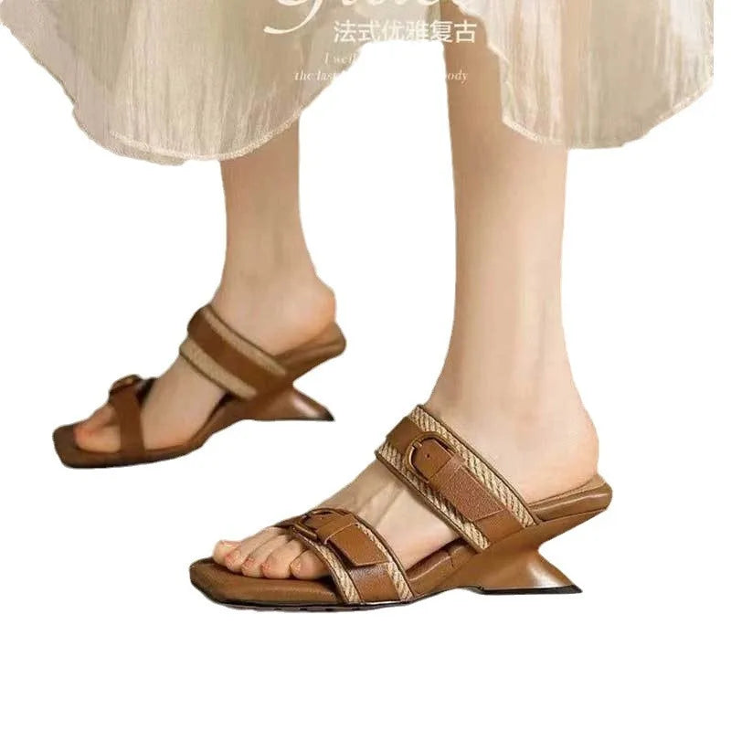 Vintage Braided Belt Buckle Open Toe Wedges Women's Summer New Square-toed High-heeled Slippers Zpaxo