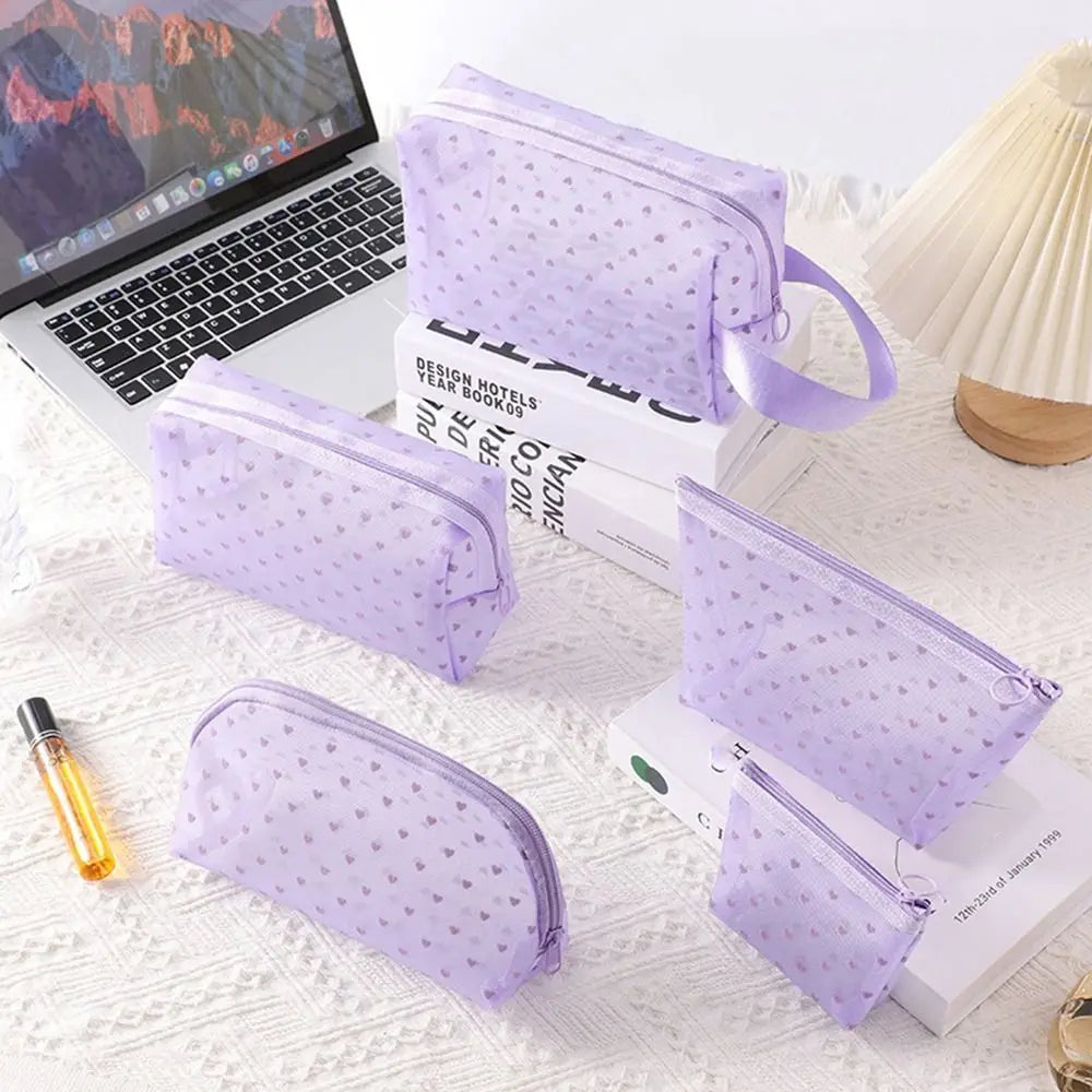 New Heart Transparent Mesh Makeup Bag Multifunction Portable Ladies Toiletry Storage Bag Blue/Purple Lipstick Organizer Bags Zpaxo