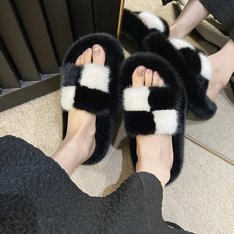 Women's Block Cross Strap Fluffy Fur Slippers Thick Platform Soft