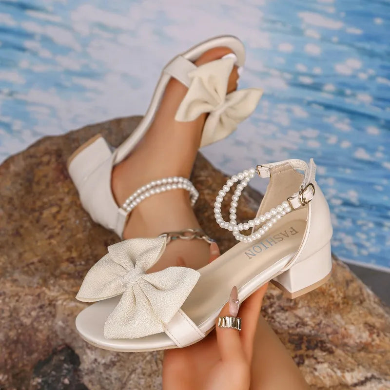 Women's Bow Embellishment Round Open Toe Elegant Mid Heel Sandals Zpaxo Beige 42