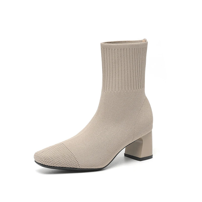 Black Square Toe Knit Sock Boots Elastic Slim Thick Block Heel Heels Zpaxo F550 Apricot 37 China Mainland