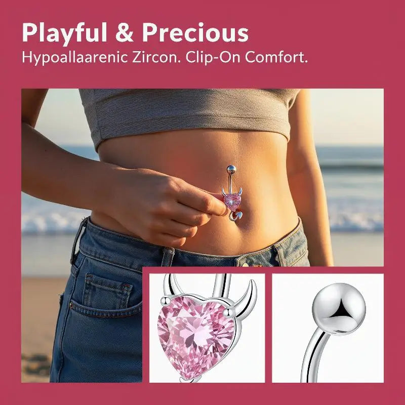 Steel Belly Button Ring Heart Cubic Zirconia Cute Devil Design Daily Zpaxo