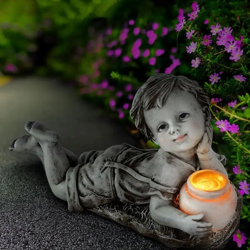 Garden Resin Child Sculpture Cute Little Boy Girl Statue Solar Indoor