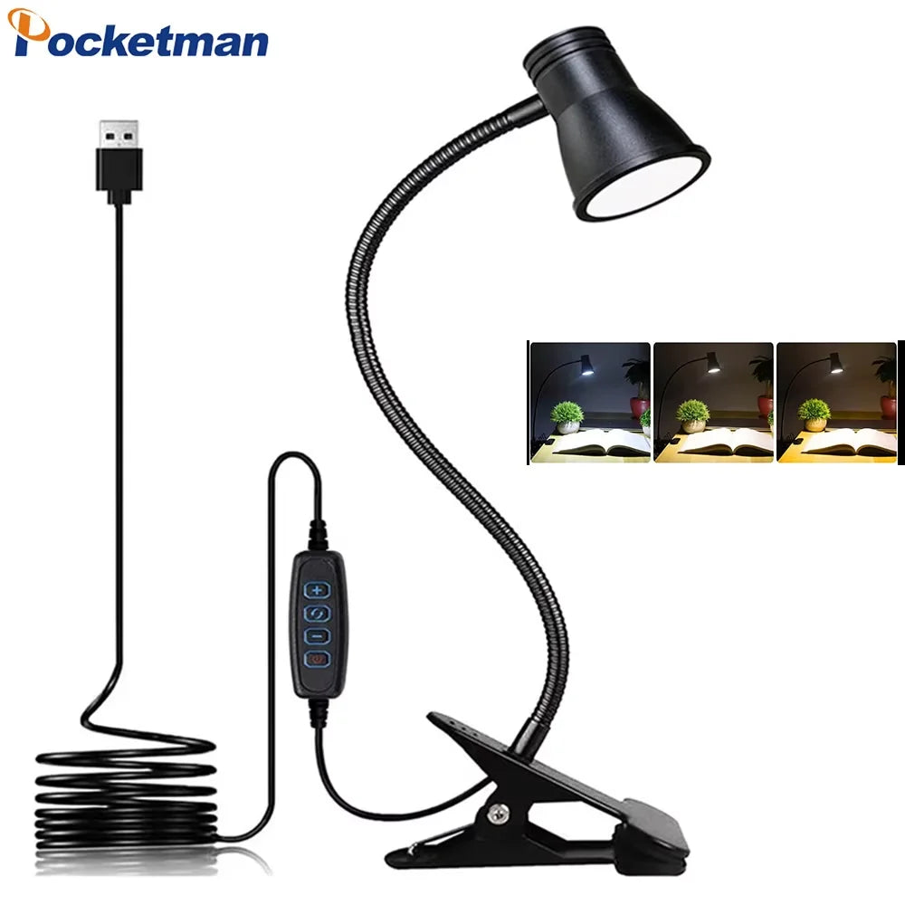 POCKETMAN Dimmable LED Clip Desk Lamp – 3 Colors, USB