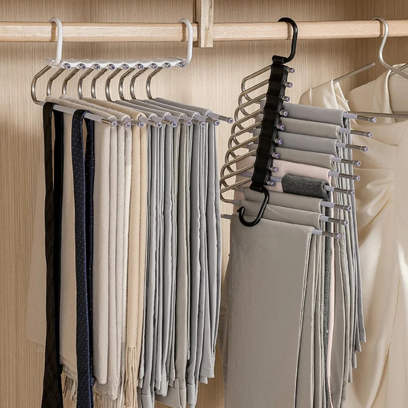 Stainless Steel Folding Pants Hanger – Multi-Layer Magic Clips & Retractable Space-Saving Organizer Zpaxo