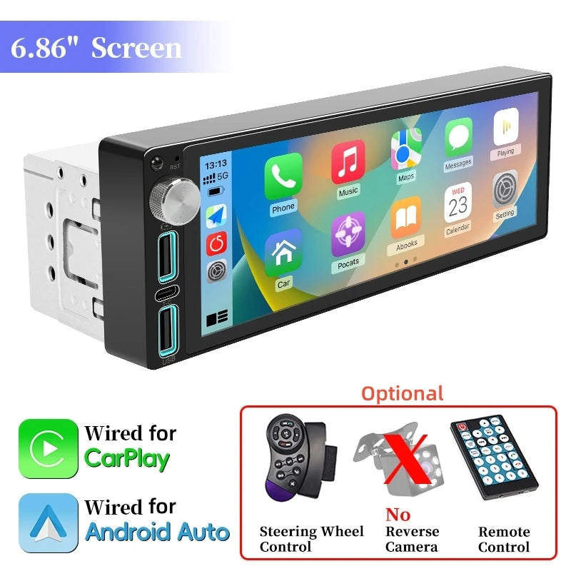 HIPPCRON Car Radio 1 Din Box Wired Carplay Android Auto Display Zpaxo with remote control