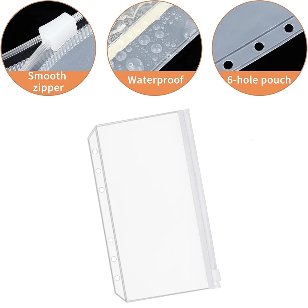 6/10Pcs A6 Binder Pockets with Zippers Clear Binder Inserts 6-Ring Budget Cash Envelopes for Student School Office Supplies Zpaxo