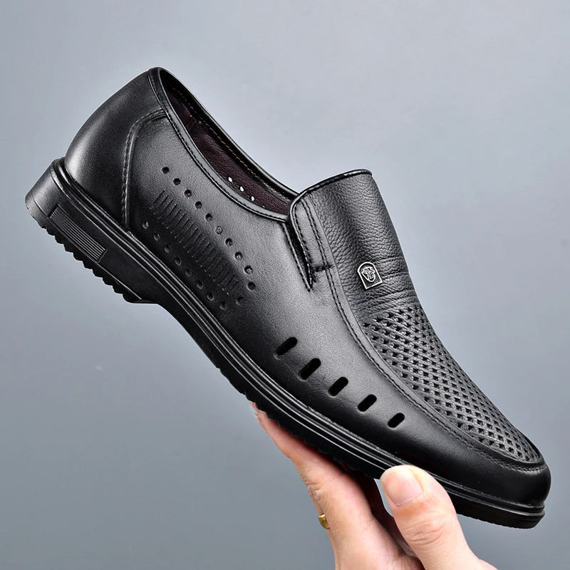 Mens Black Leather Perforated Slip Loafers Breathable Soft Sole Zpaxo XG1795 Black 46 China Mainland