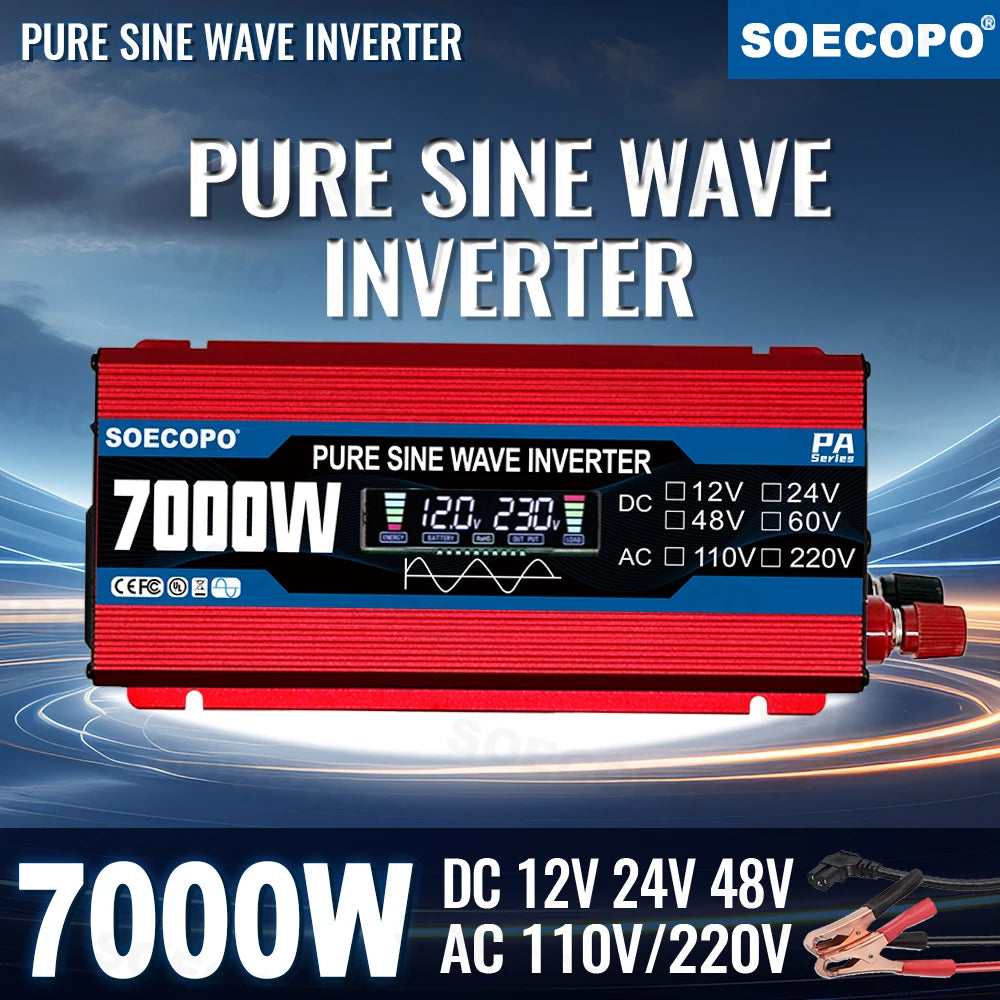 7000W Pure Sine Wave Power Inverter | 12V/24V/48V/60V to 110V/220V AC Output | Solar Charger Compatible for Home, RV & Off-Grid Zpaxo