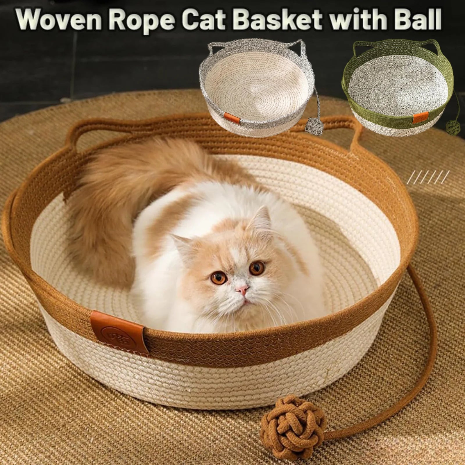 Japanese Pet Cat Bed Round Hand Woven Rattan Cat Beds Summer Cooling Kitten Basket Cotton Rope Enrichment Bed w/ Interactive Toy Zpaxo