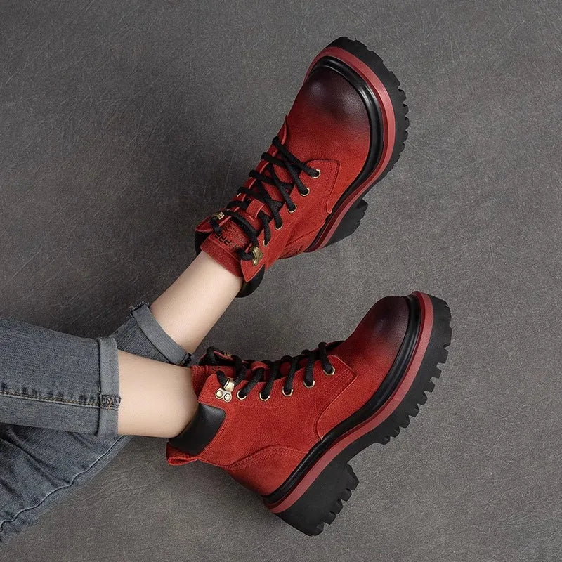Red Distressed Leather Platform Boots Women Lace Up Design Round Toe Zpaxo X003 Red 34 China Mainland