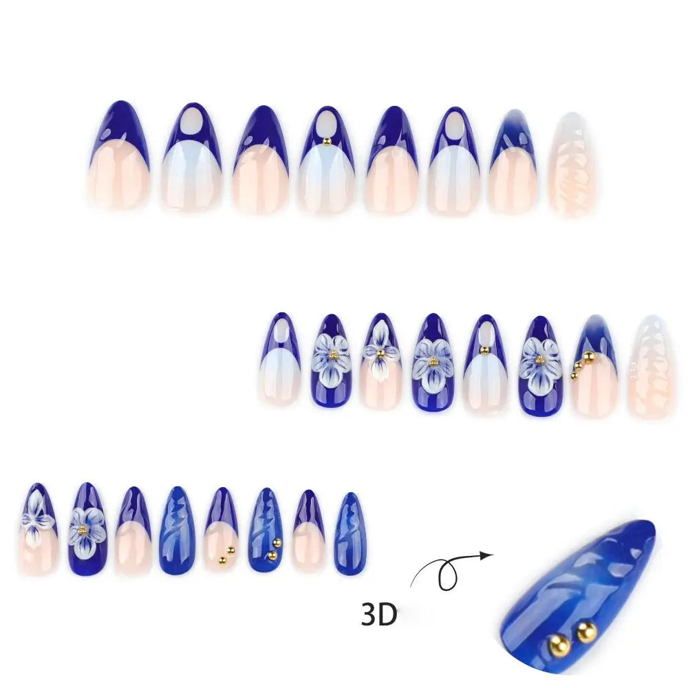 Manicure Long Almond False Nails French White Edge Fake Aurora Flower Zpaxo